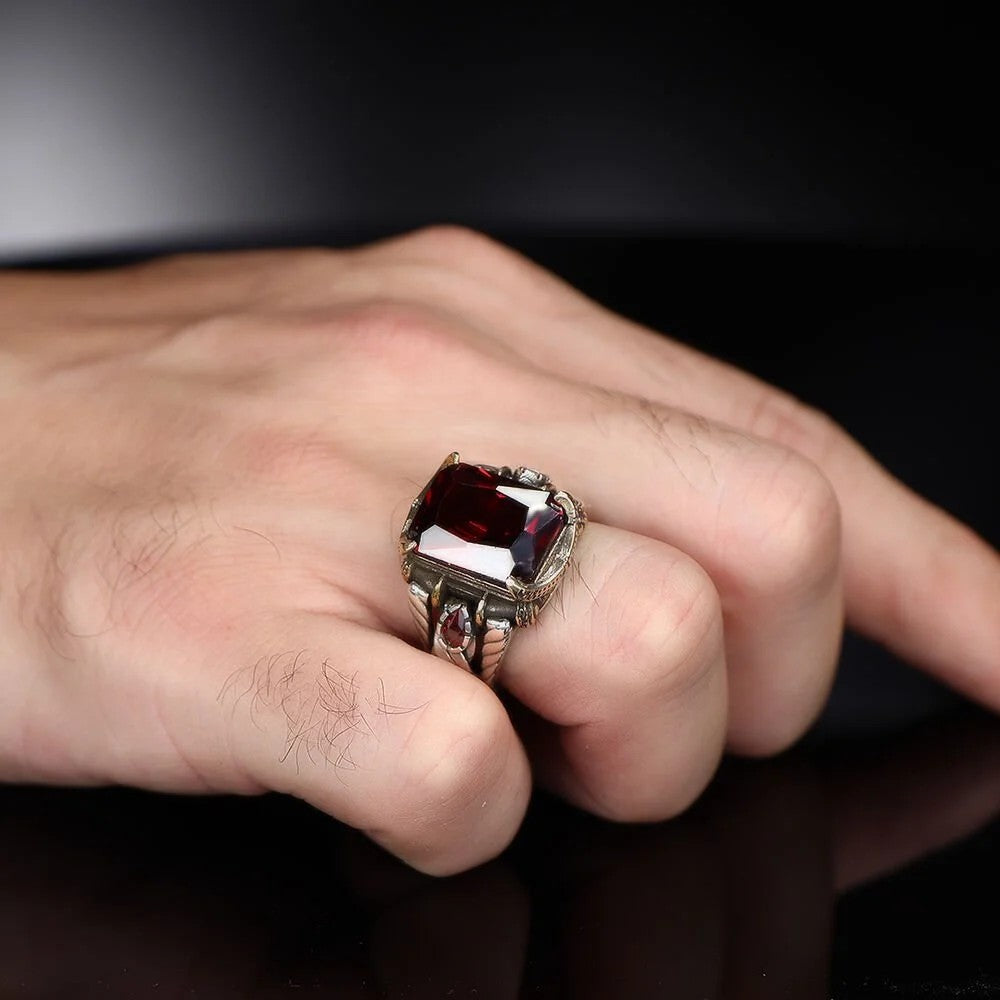 ALAZ - Roter Zirkon Stein - 925 Sterling Silber Herren Ring - Hochwertige Verarbeitung